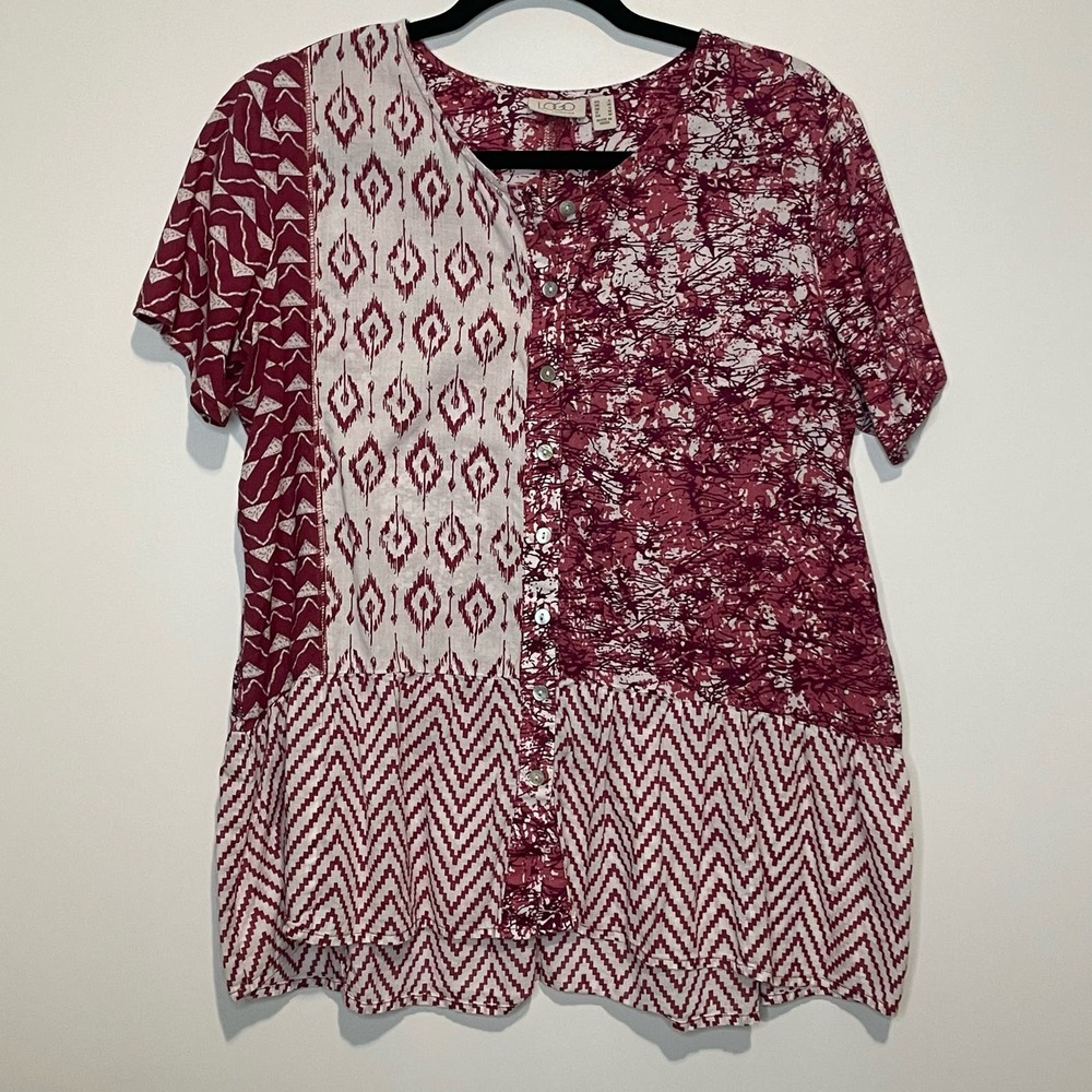 LOGO By Lori Goldstein Women's Mixed Print Button Front Blouse size Small